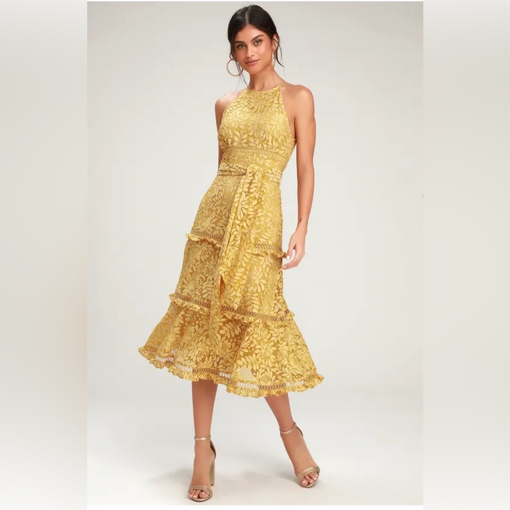 Imagine Golden Yellow Lace Midi Dress size Small